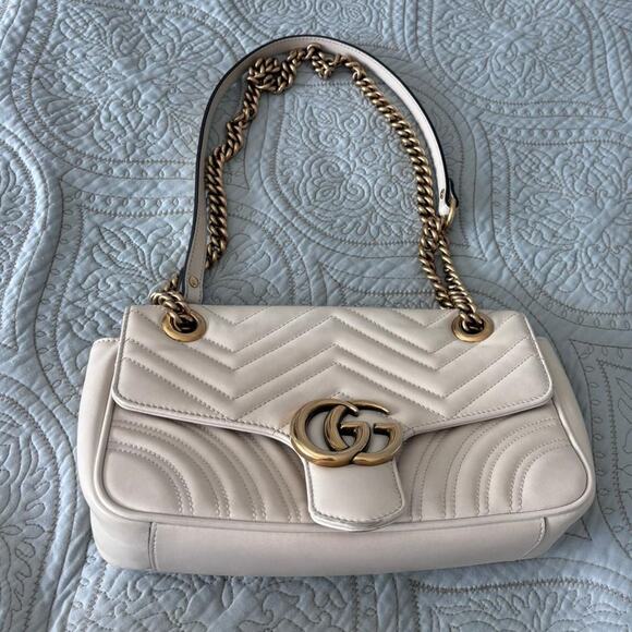 Gucci GG Marmont Small Chain Shoulder Bag Leather Chevron Logo Luxe Neutral Soft - Picture 5 of 15